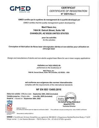 surgical laser fiber certificate, medical laser fiber registration